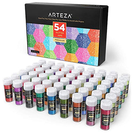 Arteza Fine Glitter, Set of 54 Colors, Shaker Jars (0.34oz/9.6 g) Glow Under UV Black Light, Extra Fine, Art Supplies for DIY Crafts ARTEZA