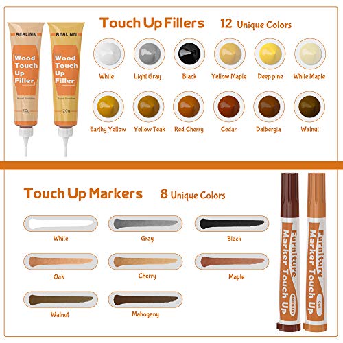 REALINN Wood Furniture Repair Kit- Set of 28 - Touch Up Markers, Fillers with Wood Putty - Repair Scratch, Cracks, Hole, Discoloration for Wooden REALINN