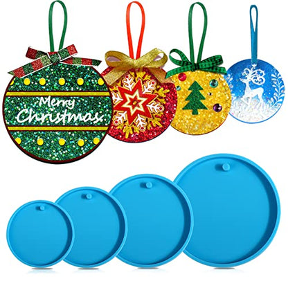 Juome Christmas Ornaments Resin Molds Silicone, 4 Pcs Round Shape Pendant Christmas Molds for Epoxy Resin, DIY Crafts Keychain Making Christmas Tree - WoodArtSupply