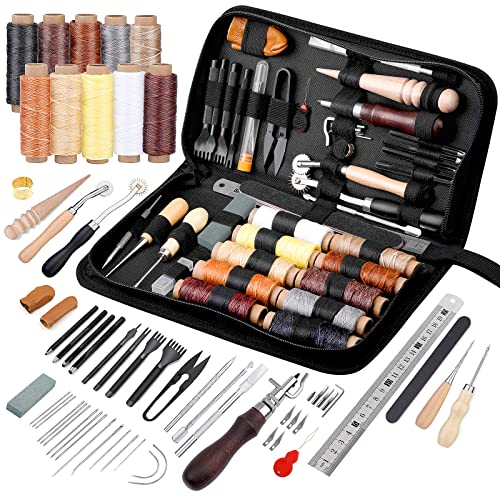 Leather Working Tools Leather Craft Kit and Supplies Upholstery Repair Kit with Waxed Thread Stitching Groover Awl for Punch Stitching, Leather QMNNMA