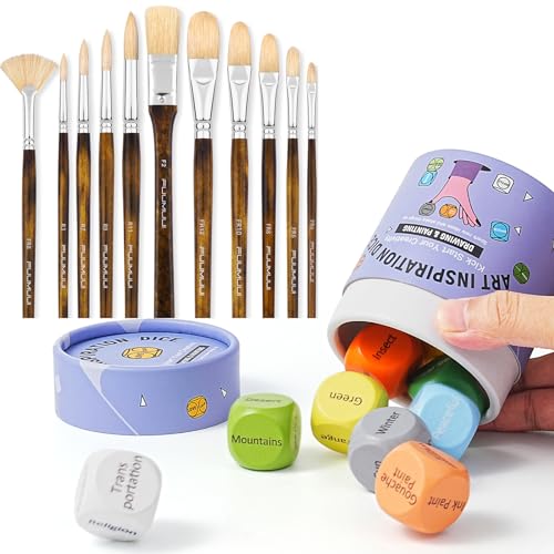 Fuumuui Professional Oil Paint Brush Set & Inspiration Art Dice, 11pcs Superior Hog Bristle Paint Brushes with Wooden Art Dice for Creative Block Fuumuui