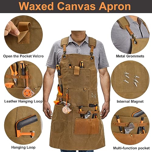 Work Apron with Tool Pockets - Heavy Duty Shop Apron for Woodworkers, Mechanics, Blacksmiths, Carpenters - M-XXL (Brown) Hamks
