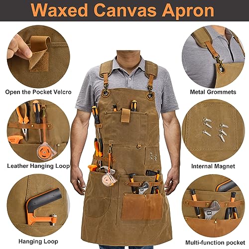 Work Apron with Tool Pockets - Heavy Duty Shop Apron for Woodworkers, Mechanics, Blacksmiths, Carpenters - M-XXL (Brown)