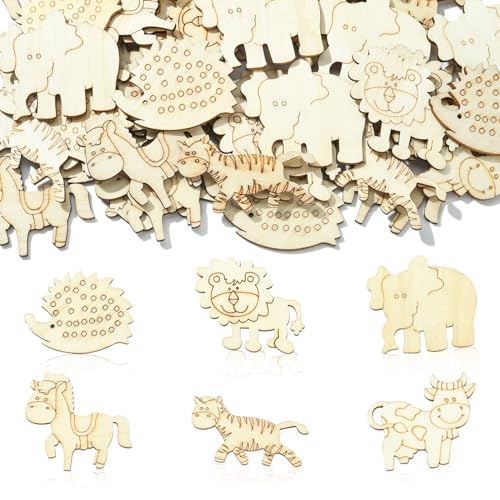 Stiesy 100 Pcs Unfinished Wooden Animal Cutouts Wood Cutout Blank Lion Elephant Shape Wooden Ornament for DIY Craft Supplies Party Decoration - WoodArtSupply