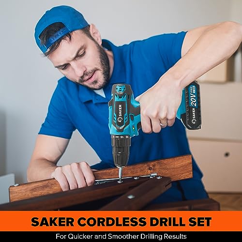 Saker Cordless Drill Set, 20V Electric Drill with Drill/Screwdriver Bits, 3/8-Inch Keyless Chuck, 2 Variable Speeds, 18+1 Torque Setting Battery Saker