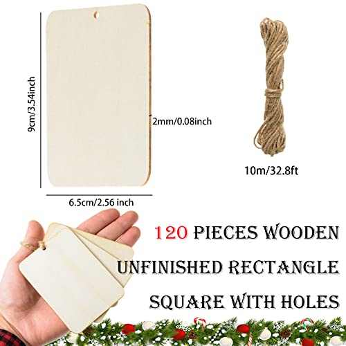 120 Pcs Wooden Tags 2.5 x 3.5 Inch Unfinished Wood Rectangle Square Wooden Cutouts with Holes Wood Ornaments with 32.8ft Rope for Holiday Gift Tags