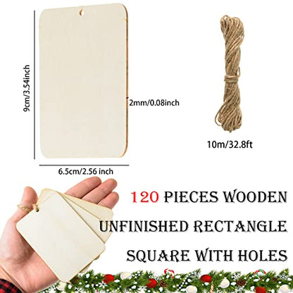 120 Pcs Wooden Tags 2.5 x 3.5 Inch Unfinished Wood Rectangle Square Wooden Cutouts with Holes Wood Ornaments with 32.8ft Rope for Holiday Gift Tags