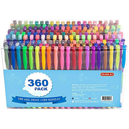 Shuttle Art 360 Pack Gel Pens Set, 180 Colors Gel Pen Set Plus 180 Color Refills Perfect for Adult Coloring Books Doodling Drawing Art Markers