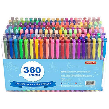 Shuttle Art 360 Pack Gel Pens Set, 180 Colors Gel Pen Set Plus 180 Color Refills Perfect for Adult Coloring Books Doodling Drawing Art Markers Shuttle Art