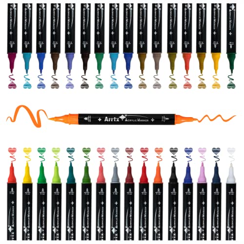 Bundle of 5 Pieces Painting Knives with Arrtx Acrylic Paint Pens, 32 Colors Brush Tip and Fine Tip (Dual Tip) Paint Markers for Rock Painting LIGHTWISH
