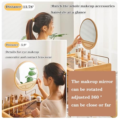 Dressing Table with Mirror and Drawers Bamboo Vanity with Stool Makeup Vanity Table Genuine Leather Handles Comfortable to Touch Silent Slide No QQB