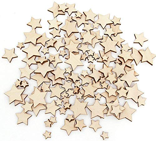 DERAYEE 100 Pcs Unfinished Wooden Stars Ornaments, Assorted Size Cutout Blank Wood Pieces Star for Christmas Wedding Party DIY Crafts