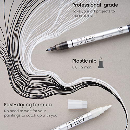 ARTEZA Acrylic Paint Markers, Pack of 12, White, Long-Lasting Acrylic Paint Pens with Plastic Nib, Art Supplies for Painting on Metal, Canvas, Rock, ARTEZA