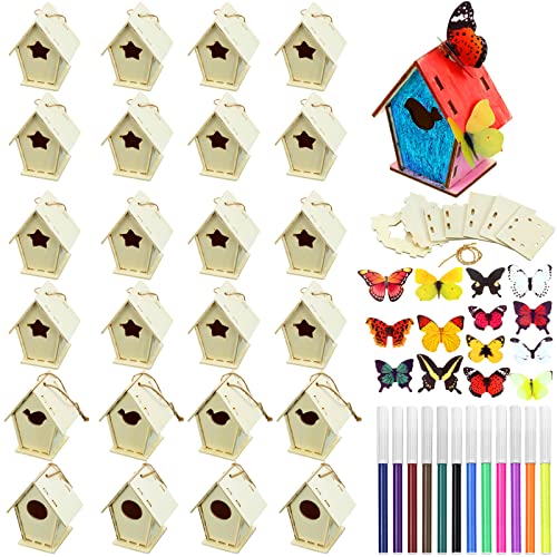 Wooden Birdhouse Craft Kits for Kids to Build, 4 Shapes Wooden Unfinished Bird House with Watercolor Pen and Butterfly Sticker for Boy Girl Children Outus