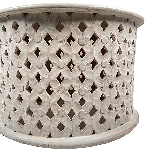 The Urban Port Mango Wood Farmhouse Round Coffee Table with Intricate Diamond Cut-Out Base - WoodArtSupply