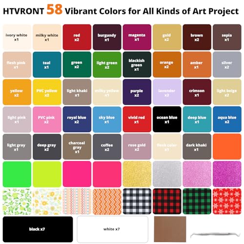 HTVRONT Heat Transfer Vinyl Bundle, 90 Pack 12" x 10" Iron on Vinyl for t Shirts, 58 Assorted Colors HTV Vinyl with Teflon Sheet & Weeding Tools,
