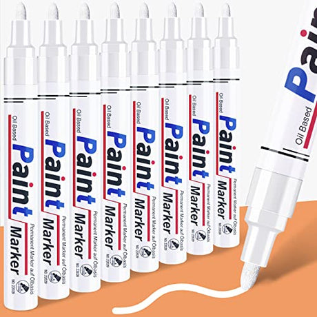 White Paint Pen Permanent Markers - 8 Oil Based Paint Markers for Tire, Wood, Rocks, Metal, Canvas, Plastic, Dark Surface, Medium Tip, Waterproof DAPAWIN