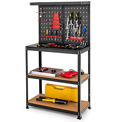 Goplus Work Bench, Work Table with Pegboard, 14 Hanging Accessories, 2 Open Shelves, Heavy Duty Steel Tool Bench, Workbench for Garage Home Workshop Goplus