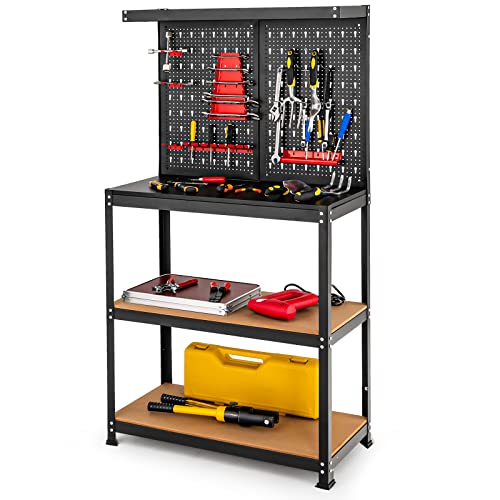 Goplus Work Bench, Work Table with Pegboard, 14 Hanging Accessories, 2 Open Shelves, Heavy Duty Steel Tool Bench, Workbench for Garage Home Workshop - WoodArtSupply