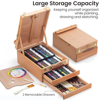 MERRIY 80-Piece Acrylic Paint Set, Artist Painting Supplies Kit with Tabletop Sketch Box Easel, 48 Colors Acrylic Paints,11"x 14"Stretched Canvas - WoodArtSupply