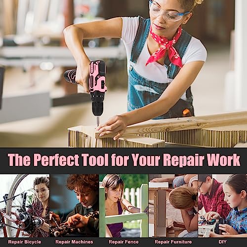 COMOWARE Cordless Drill Set, 12V Power Drill, Pink Drill Set for Women, 1 Battery & Charger, 3/8" Keyless Chuck, 2 Variable Speed, 0-450 & 0-1500 COMOWARE