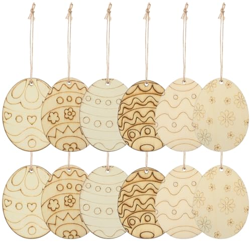 KALLORY Easter Egg Wooden Cutouts with Rope 60pcs Easter Egg Unfinished Wood Ornaments Egg Shaped Blank Wooden Slices for Easter Spring Hanging KALLORY