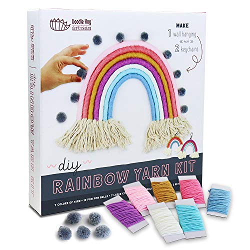 DIY Rainbow Yarn Bedroom Decor (Nursery Decor) makes one wall hanging rainbow & two keychains. Perfect kids crafts for girls age 8 13 years & gifts - WoodArtSupply