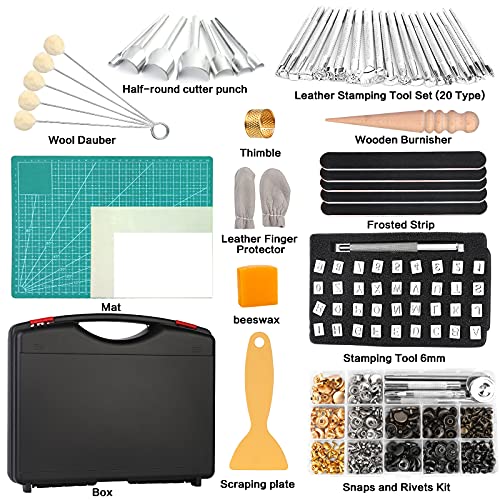 273 Pieces Leather Working Tools and Supplies with Leather Tool Box Cutting Mat Hammer Stamping Tools Needles Snaps and Rivets Kit Perfect for BAGERLA