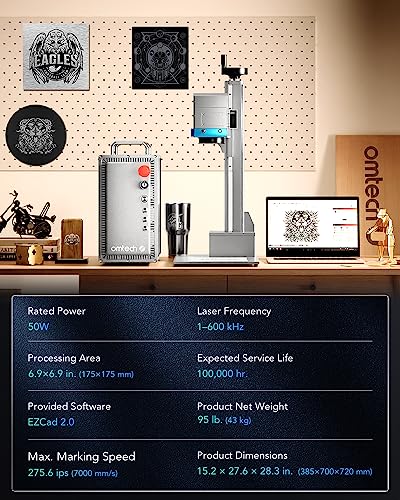 OMTECH 50W Fiber Marking Machine, 6.9x6.9 Fiber Laser Engraving Machine with JPT Laser Source, LightBurn Compatible Fiber Laser Marker and Etcher OMTech