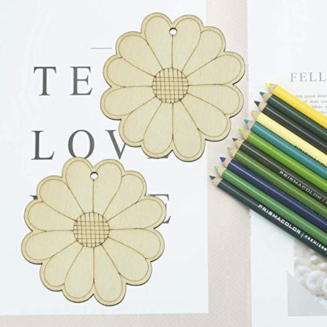 Creaides Flower Wood DIY Crafts Cutouts Wooden Sun Flower Shaped Hanging Ornaments with Hole Hemp Ropes Gift Tags for Wedding Birthday Christmas Creaides