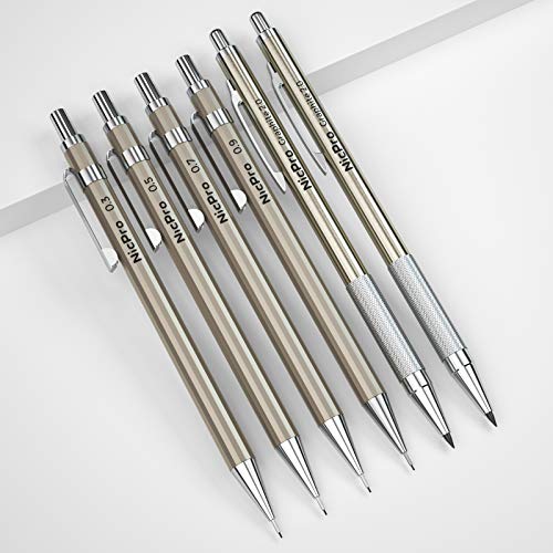 Nicpro 6 PCS Art Mechanical Pencils Set, Metal Artist Drafting Pencil 0.3 & 0.5 & 0.7 & 0.9 mm & 2 PCS 2mm Graphite Lead Holder(4B 2B HB 2H) For Nicpro