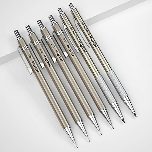 Nicpro 6 PCS Art Mechanical Pencils Set, Metal Artist Drafting Pencil 0.3 & 0.5 & 0.7 & 0.9 mm & 2 PCS 2mm Graphite Lead Holder(4B 2B HB 2H) For - WoodArtSupply