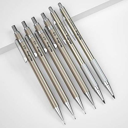 Nicpro 6 PCS Art Mechanical Pencils Set, Metal Artist Drafting Pencil 0.3 & 0.5 & 0.7 & 0.9 mm & 2 PCS 2mm Graphite Lead Holder(4B 2B HB 2H) For - WoodArtSupply