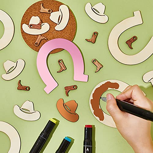 72 Pieces Unfinished Cowboy Wooden Cutouts Horseshoe Shape Wood Discs Slices Wood Cowboy Boot Hat Cutouts Wood Cowboy Theme Crafts for Western Cowboy Chinco