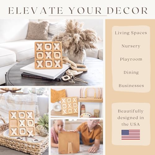 Tic Tac Toe Game & Decor Set, Kids Board Games, Versatile Boho/Natural Style Tic Tac Toe Board for Classic Two Person Games, 8.63 Inches Tic Tac Toe Woobli