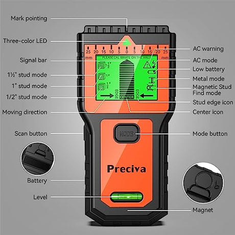 Stud Finder, Preciva Wall Scanner-8 in 1 Multifunctional Wall Detector with 6 Modes & 2 Functions for Studs, Wood, Metal, and AC Wires Detection (9V Preciva