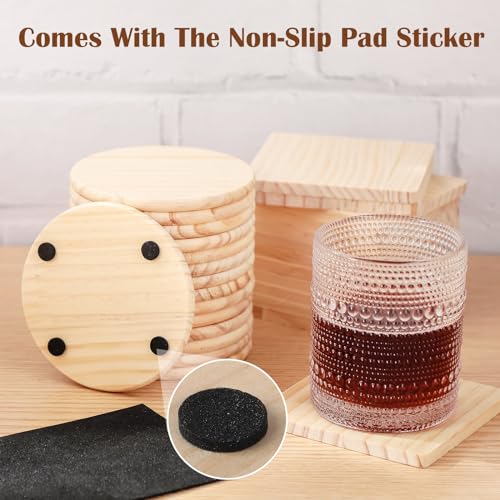 Hushee 96 Pcs Unfinished Wood Coasters 4 Inch Blank Wooden Coasters for Crafts with Non Slip Foam Pad Stickers Wooden Craft Coasters for DIY Stained Hushee