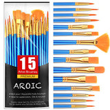 AROIC Acrylic Paint Brush Set, 15 pcs Nylon Hair Paint Brushes for All Purpose Oil Watercolor Face Body Rock Painting Artist, Small Paint Brush Kits AROIC