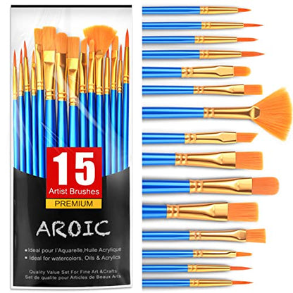 AROIC Acrylic Paint Brush Set, 15 pcs Nylon Hair Paint Brushes for All Purpose Oil Watercolor Face Body Rock Painting Artist, Small Paint Brush Kits - WoodArtSupply