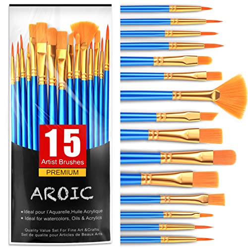 AROIC Acrylic Paint Brush Set, 15 pcs Nylon Hair Paint Brushes for All Purpose Oil Watercolor Face Body Rock Painting Artist, Small Paint Brush Kits