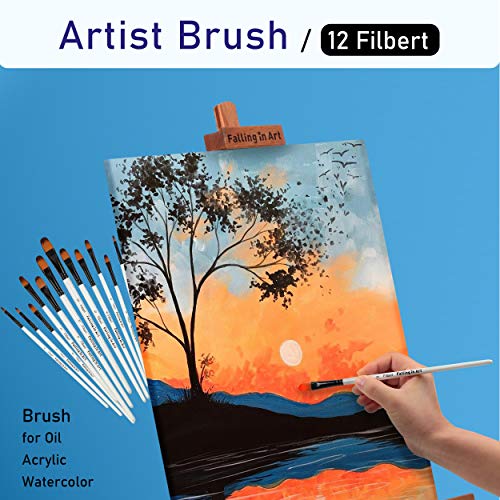 Falling in Art Paint Brushes Set, 12 PCS Nylon Professional Filbert Paint Brushes for Watercolor, Oil Painting, Acrylic, Face Body Nail Art, Crafts, - WoodArtSupply