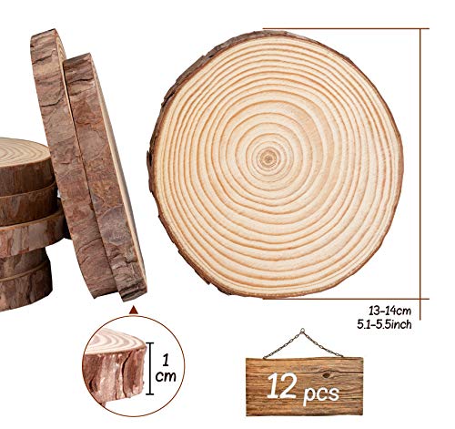 Lemonfilter Natural Wood Slices 12 Pcs 5.1-5.5 Inches Craft Wood Kit Wooden Circles Unfinished Log Wooden Rounds for Arts Crafts Wedding Christmas Lemonfilter