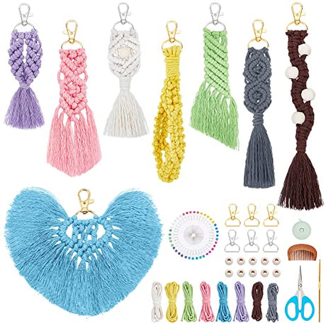 INFUNLY 8 Set DIY Macrame Kit for Adults Beginners Macrame Wristlet Keychain Kits Colorful Macrame Boho Keychain with Tassels Cotton Cord Instruction INFUNLY