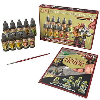 The Army Painter Speedpaint Metallics Set 2.0+ - 10 Speed Model Paint Kit - Pre-Loaded with Mixing Balls, 1 Basecoating Model Paint Brush, Army - WoodArtSupply