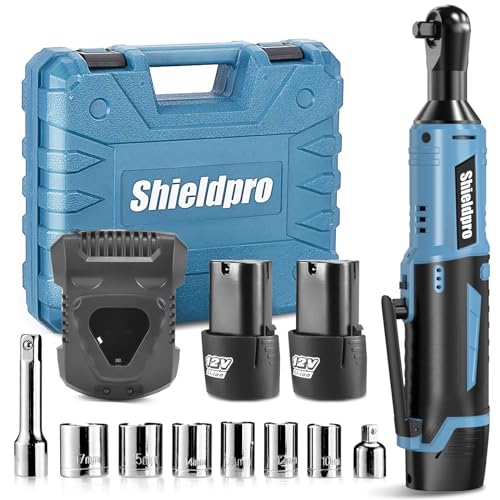 SHIELDPRO Cordless Electric Ratchet Wrench Kit,40Ft-lb 3/8" Power Ratchet Wrench 1-Hour Fast Charge,2 Packs 2000MA Lithium-Lon Battery,1/4