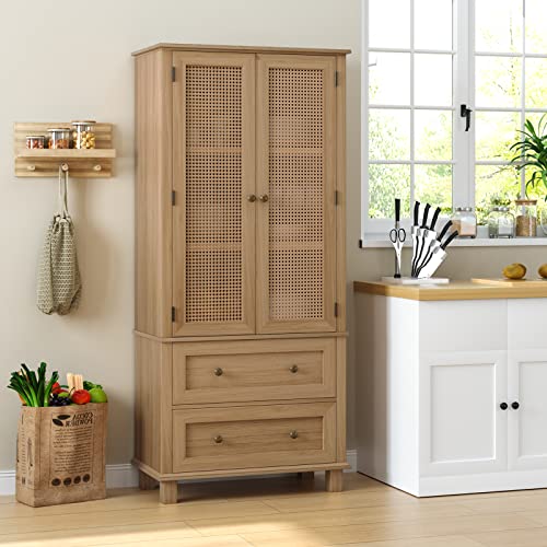 FOTOSOK Kitchen Pantry Storage Cabinet, Tall Cabinet with Rattan Doors and 2 Drawers, Freestanding Cupboard with Adjustable Shelves, Utility Pantry FOTOSOK