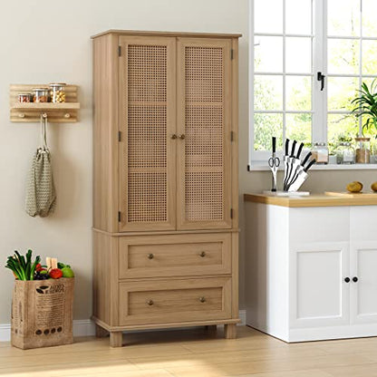 FOTOSOK Kitchen Pantry Storage Cabinet, Tall Cabinet with Rattan Doors and 2 Drawers, Freestanding Cupboard with Adjustable Shelves, Utility Pantry