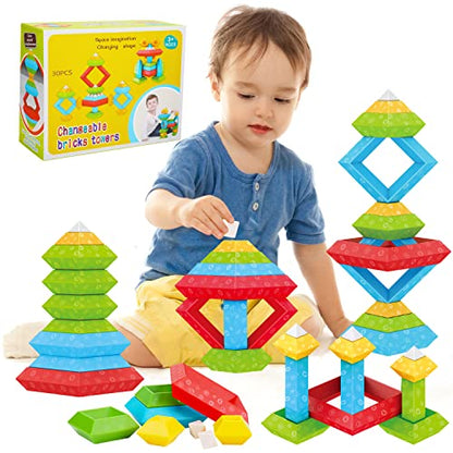 Tsomtto Montessori Toys for 2 3 4 5 Year Old Boys Girls Toddler 1-3 Preschool Learning 30 Pcs Stacking Building Blocks STEM Stackable Educational Toy