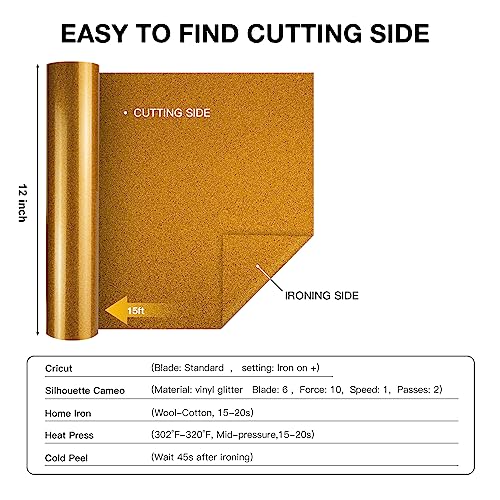 HTVRONT Gold Glitter HTV Vinyl Roll-12 x 15FT Gold Glitter Heat Transfer Vinyl for Shirts, Glitter Iron on Vinyl for All Cutter Machine，Easy to Cut HTVRONT