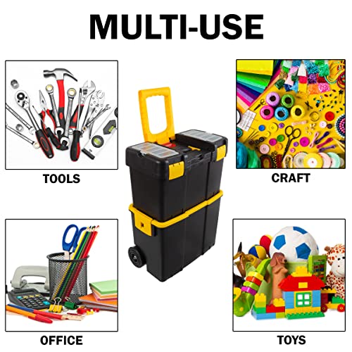 Portable Tool Box with Wheels - Stackable 2-in-1 Tool Chest with Fold-Down Comfort Handles, Tough Latches, and Removable Storage Trays by Stalwart Stalwart